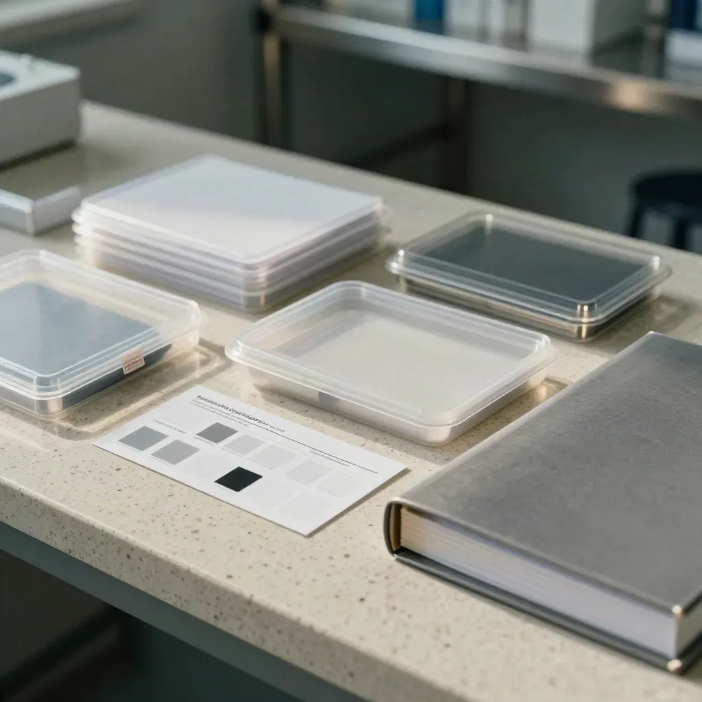 Compliance-ready medtech kit with sealed trays, tamper tags, and binders on travertine.