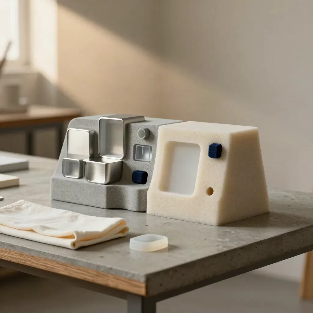 Foam medtech mockup with casing pieces and material swatches on a concrete bench