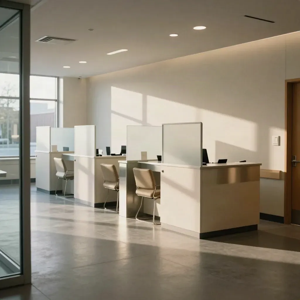 Empty Toronto clinic intake zone with check-in stations, triage island, and muted waiting chairs.