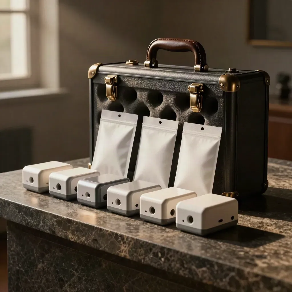 Premium medtech release kit with carry case, sample boxes, and finished hardware units on stone.