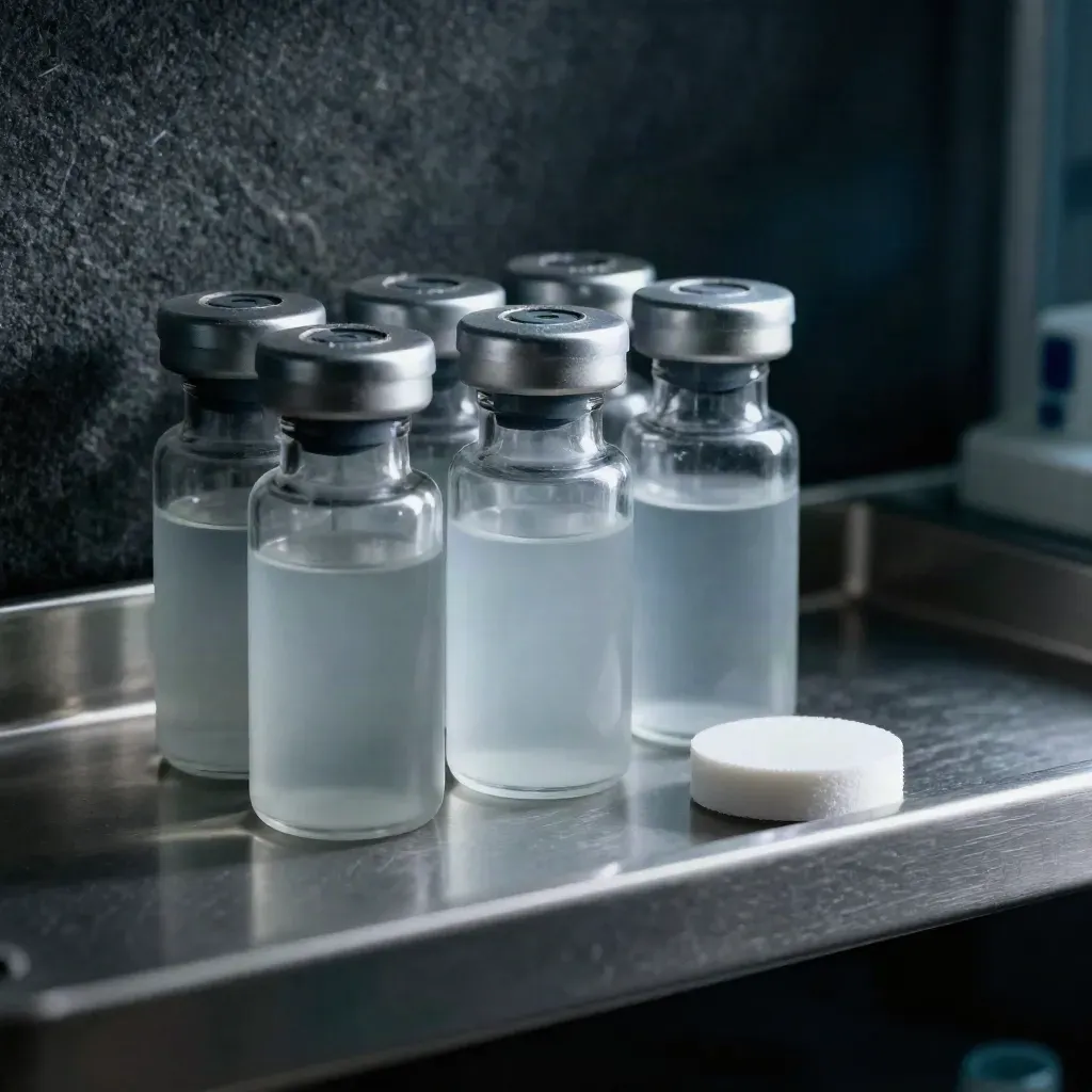 Sealed validation vials and a white test puck on a stainless lab shelf in dramatic light.