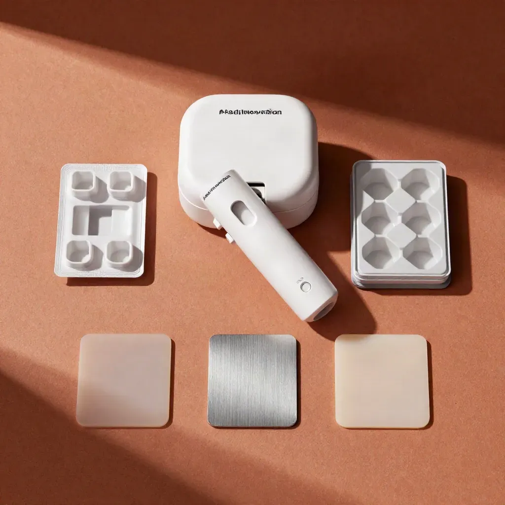 Overhead medtech prototype layout with docked devices, trays and material swatches on terracotta.