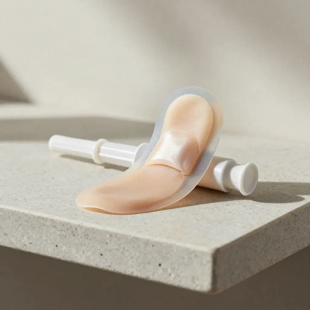 Silicone patch, prototype shell edge, and sterile tube segment on a stone shelf.