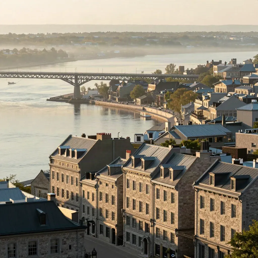 Golden-hour Montreal stone facades and bridge above the Saint Lawrence haze