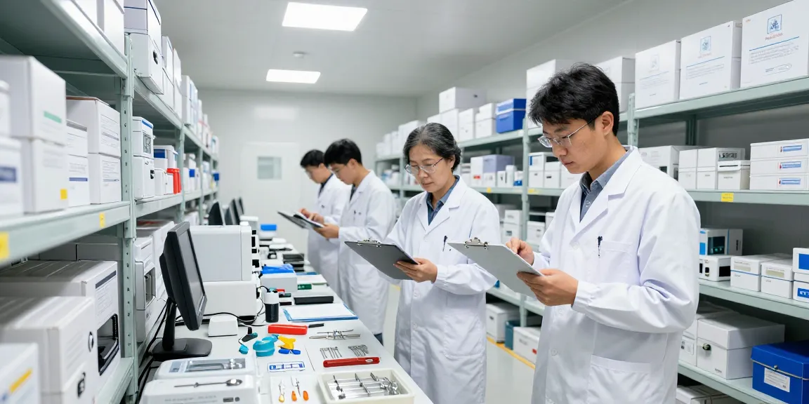 Medical device distributors inspecting and packaging devices in a warehouse with quality control measures.